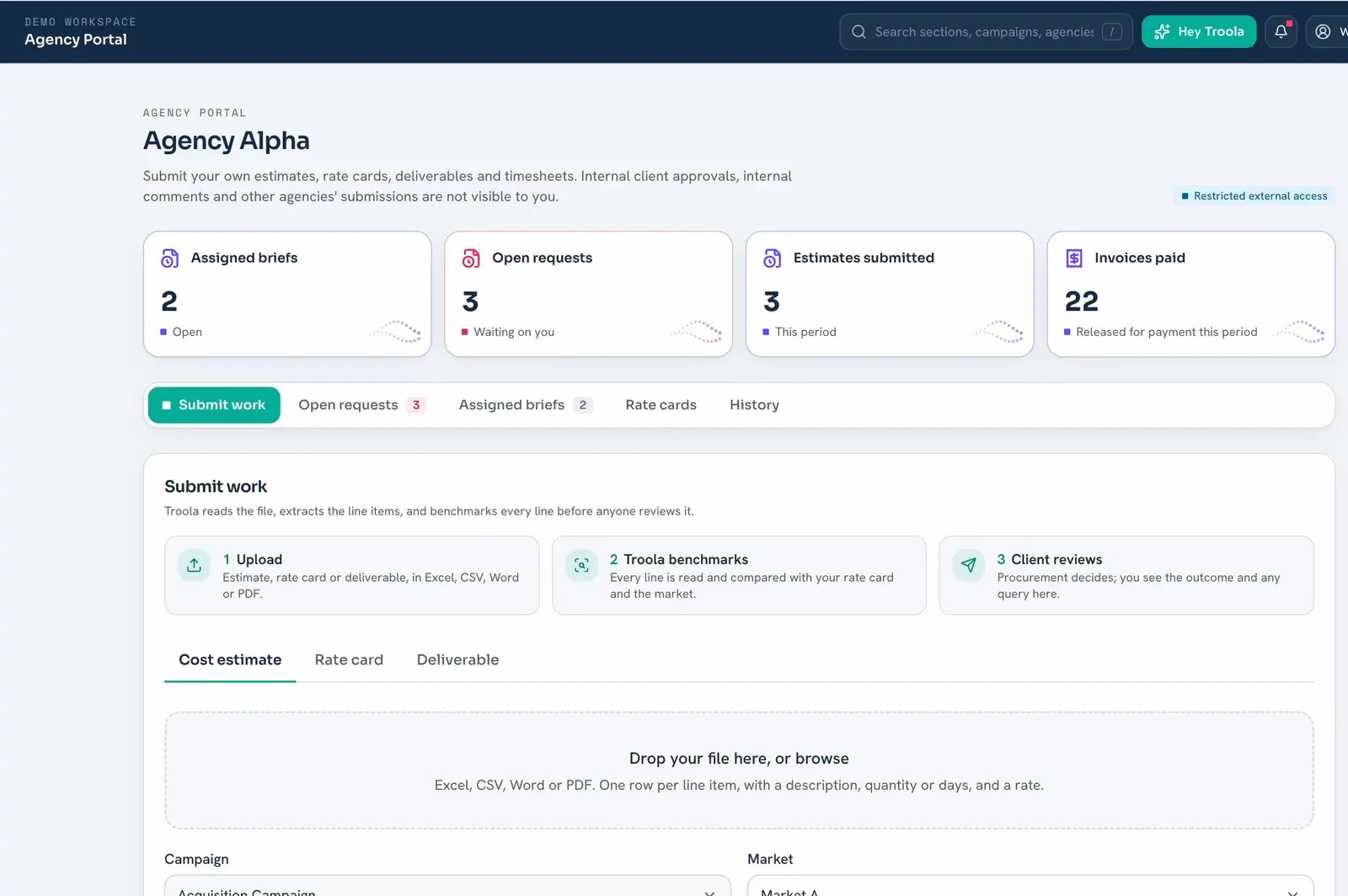 Agency Portal in the demo workspace: Agency Alpha’s assigned briefs, open requests, estimates submitted and invoices paid.